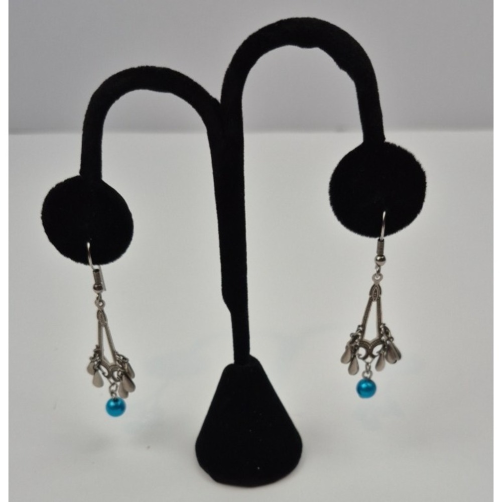 Vintage Designer Silver Tone Teardrop‎ Dangle Earrings Art Deco Blue 2" Drop